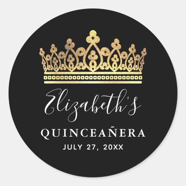 Black and Gold Royal Crown Elegant Quinceanera Classic Round Sticker (Front)