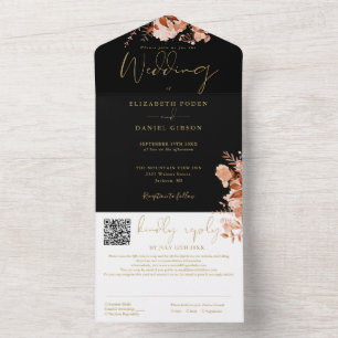 Black And Gold Rustic Floral QR Code Wedding All In One Invitation