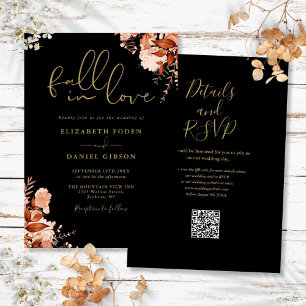 Black And Gold Rustic Floral QR Code Wedding Invitation