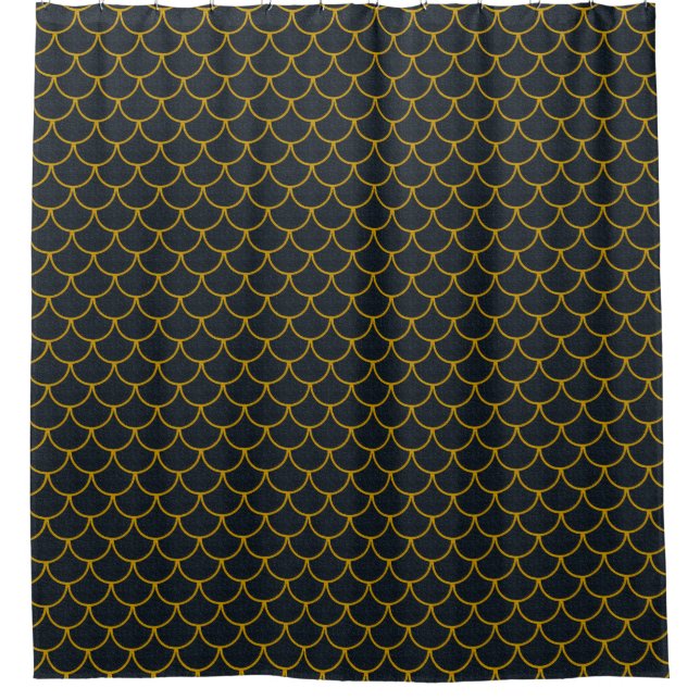 Black and Gold Scalloped Scale Pattern Shower Curtain (Front)