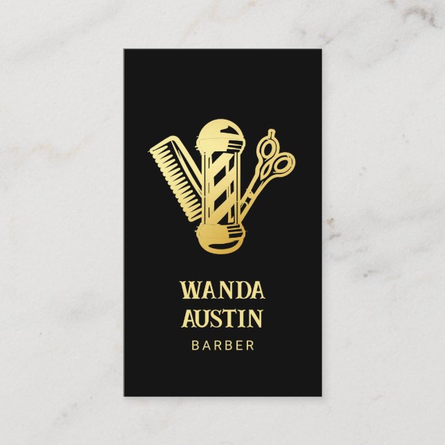 black and gold scissor comb barber pole barbershop business card (Front)