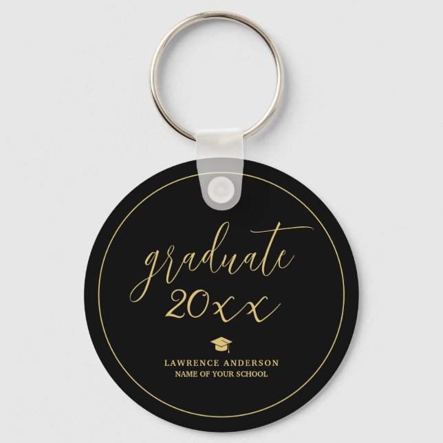 Black and Gold Script 2024 Graduate Graduation Key Ring (Front)