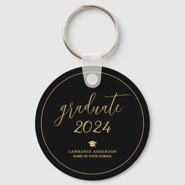 Black and Gold Script 2024 Graduate Graduation Key Ring (Front)