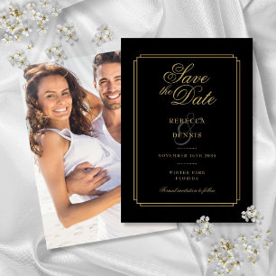 Black and Gold Script Art Deco Photo Wedding Save The Date
