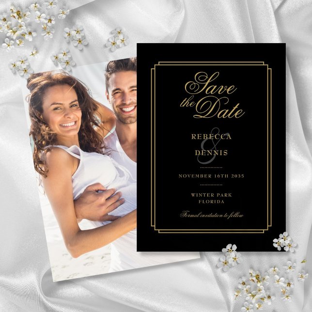 Black and Gold Script Art Deco Photo Wedding Save The Date (Tropical Beach Wedding Stationery Collection)