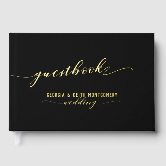 Black And Gold Script Elegant Wedding  Guest Book (Front)