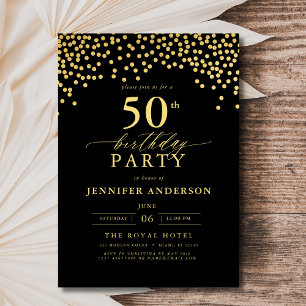 Black And Gold Script Fifty 50th Birthday Invitation