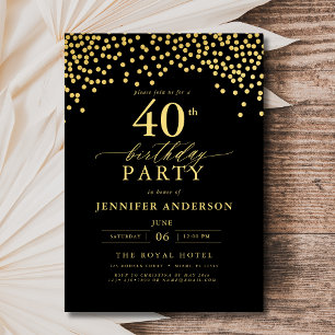 Black And Gold Script Forty 40th Birthday Invitation