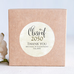 Black and Gold Script Graduation Custom Classic Round Sticker