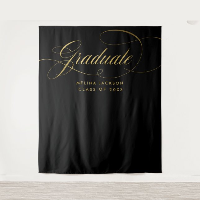 Black and Gold Script Graduation Photo Backdrop Tapestry (Front)