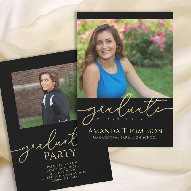 Black and Gold Script Graduation Photo  Invitation (Creator Uploaded)