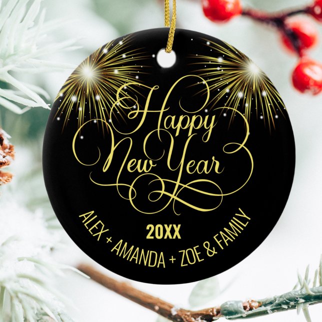 Black and gold Script Happy New year Ceramic Tree Decoration (Creator Uploaded)