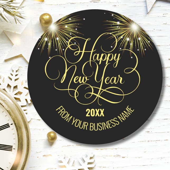 Black and gold Script Happy New year Classic Round Sticker (Creator Uploaded)
