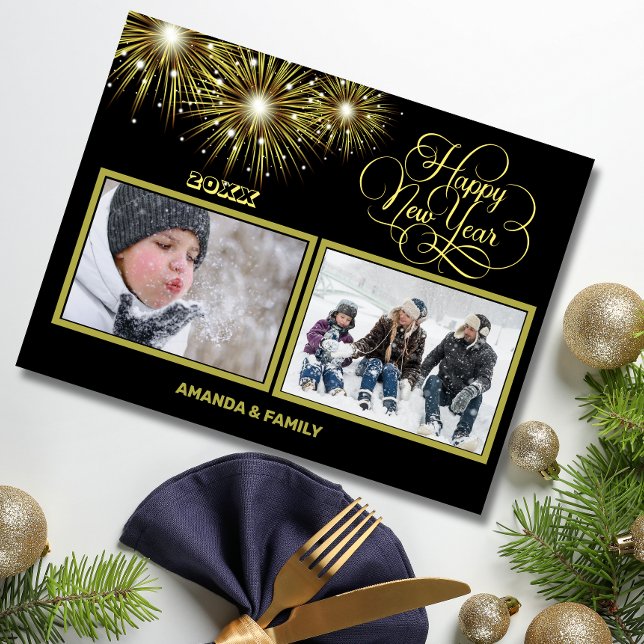 Black and gold Script Happy New year Holiday Postcard (Creator Uploaded)