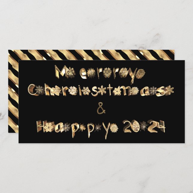 Black and Gold Script Merry Christmas Happy 2024 Holiday Card (Front/Back)