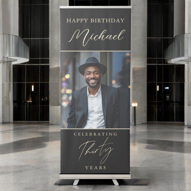 Black and Gold Script Photo 30th Birthday Retractable Banner (Creator Uploaded)
