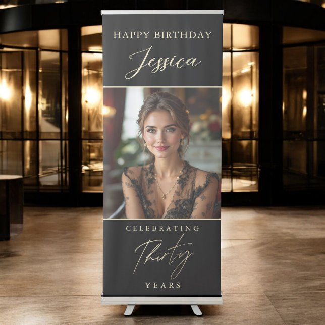 Black and Gold Script Photo 30th Birthday Retractable Banner (Creator Uploaded)