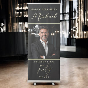 Black and Gold Script Photo 40th Birthday Retractable Banner