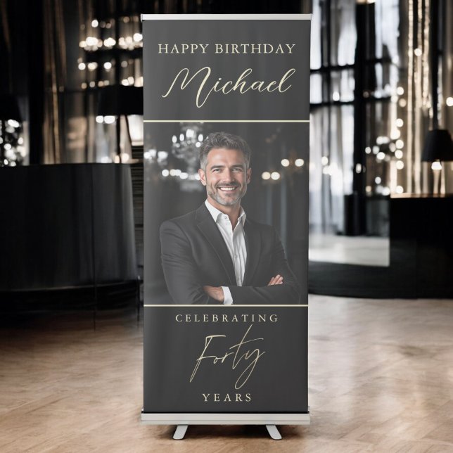 Black and Gold Script Photo 40th Birthday Retractable Banner (Creator Uploaded)