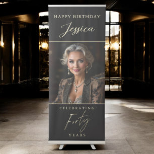 Black and Gold Script Photo 40th Birthday Retractable Banner
