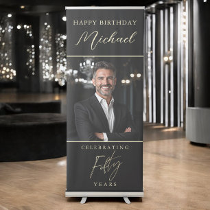 Black and Gold Script Photo 50th Birthday Retractable Banner