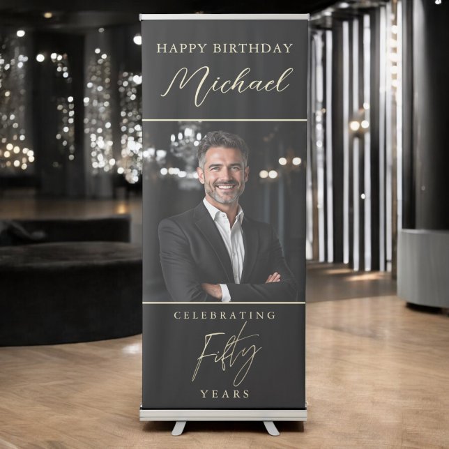 Black and Gold Script Photo 50th Birthday Retractable Banner (Creator Uploaded)