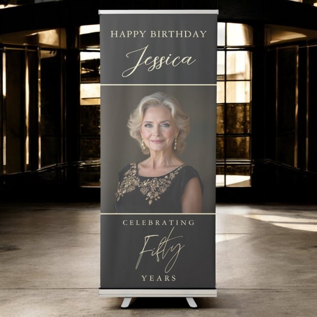 Black and Gold Script Photo 50th Birthday Retractable Banner (Creator Uploaded)