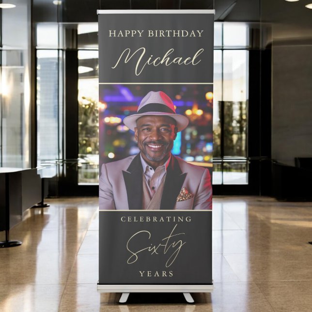 Black and Gold Script Photo 60th Birthday Retractable Banner (Creator Uploaded)