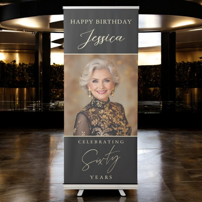 Black and Gold Script Photo 60th Birthday Retractable Banner (Creator Uploaded)