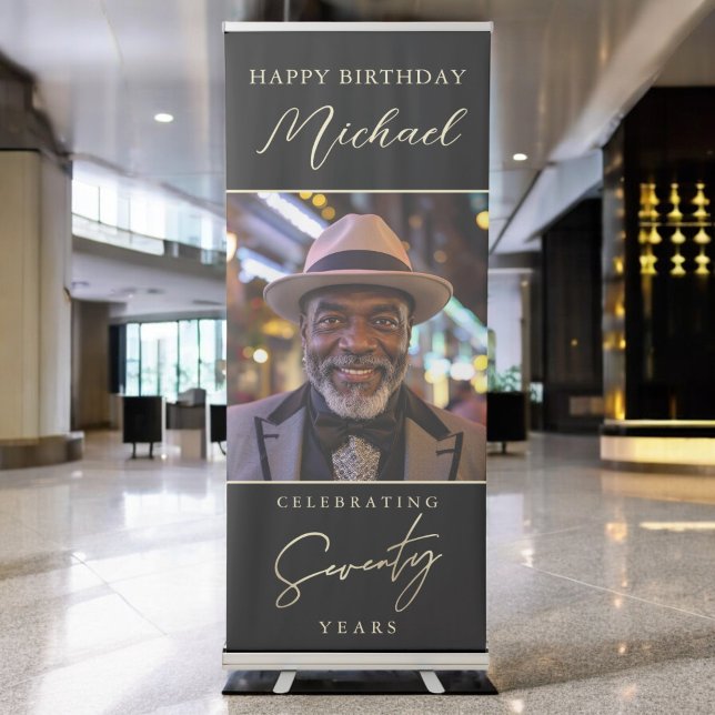 Black and Gold Script Photo 70th Birthday Retractable Banner (Creator Uploaded)