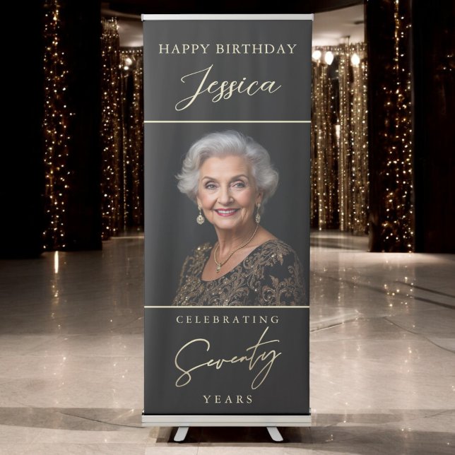 Black and Gold Script Photo 70th Birthday Retractable Banner (Creator Uploaded)