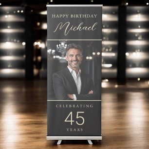 Black and Gold Script Photo Any Age Birthday Retractable Banner