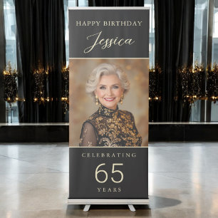 Black and Gold Script Photo Any Age Birthday Retractable Banner