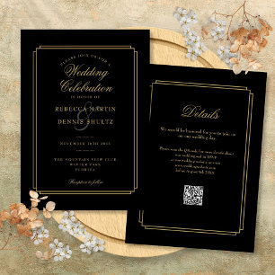 Black and Gold Script QR Code Art Deco Wedding Invitation