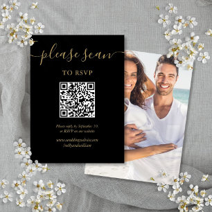Black And Gold Script RSVP QR Code Photo Enclosure Card