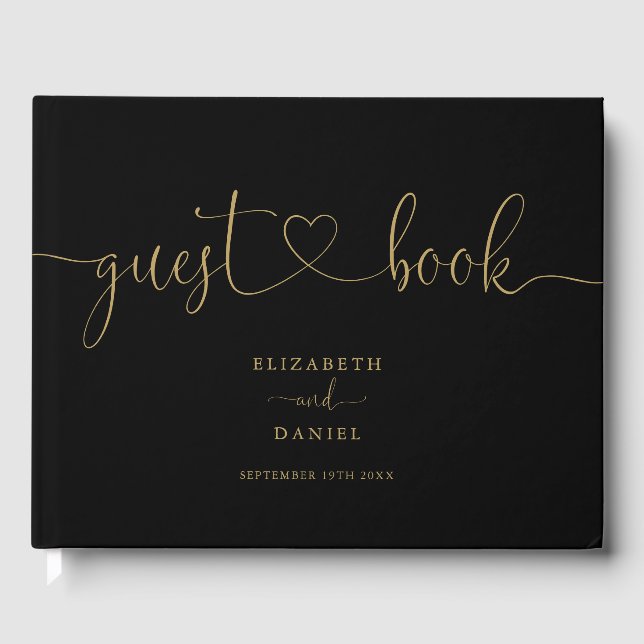 Black And Gold Script Script Wedding Guest Book (Front)