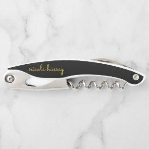 Black and Gold Script Stylish Monogram Modern Corkscrew