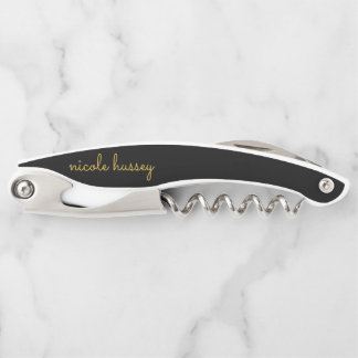 Black and Gold Script  | Stylish Monogram Modern Corkscrew