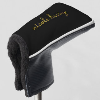 Black and Gold Script  | Stylish Monogram Modern Golf Head Cover