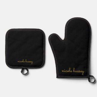 Black and Gold Script  | Stylish Monogram Modern Oven Mitt & Pot Holder Set