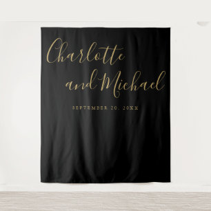 Black And Gold Script Wedding Photo Booth Backdrop Tapestry