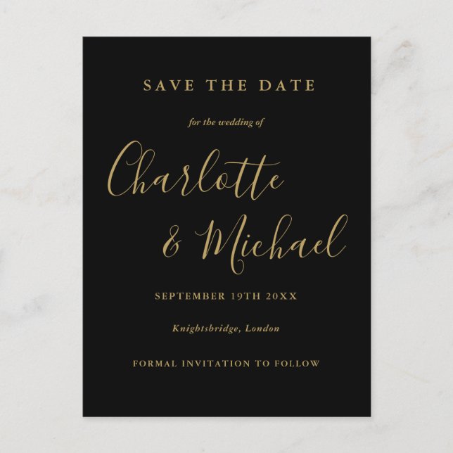 Black And Gold Script Wedding Save the Date Card (Front)