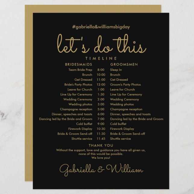 Black And Gold Script Wedding Schedule Timeline (Front/Back)