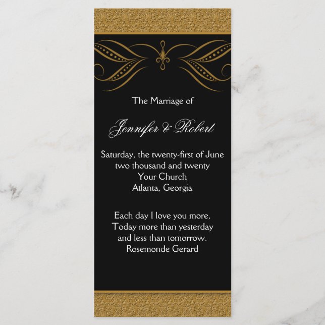 Black and Gold Scroll Accent Wedding Program Programme (Front)