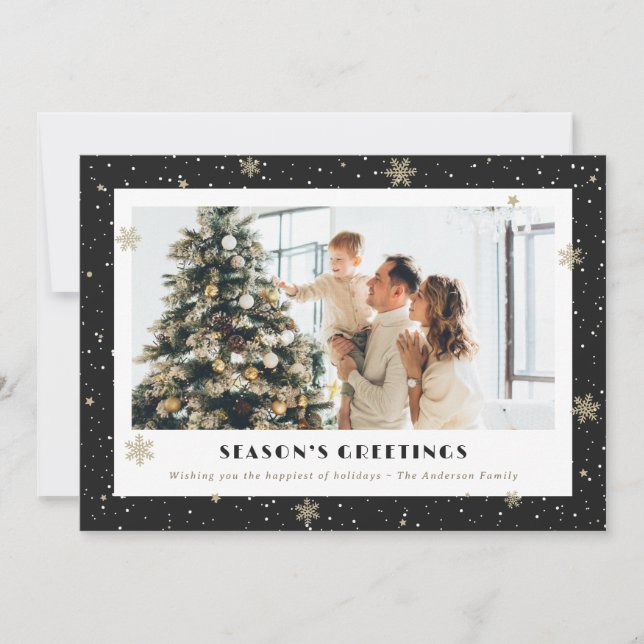 Black and Gold Season’s Greetings Photo Holiday Card (Front)