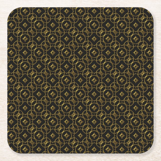 Black and Gold Shiny Geometric Pattern Elegant Square Paper Coaster (Front)