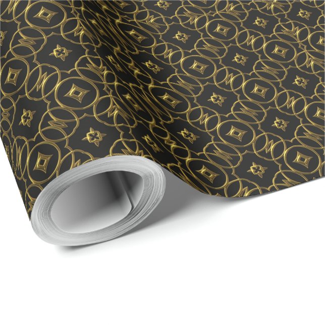Black and Gold Shiny Geometric Pattern Elegant Wrapping Paper (Roll Corner)