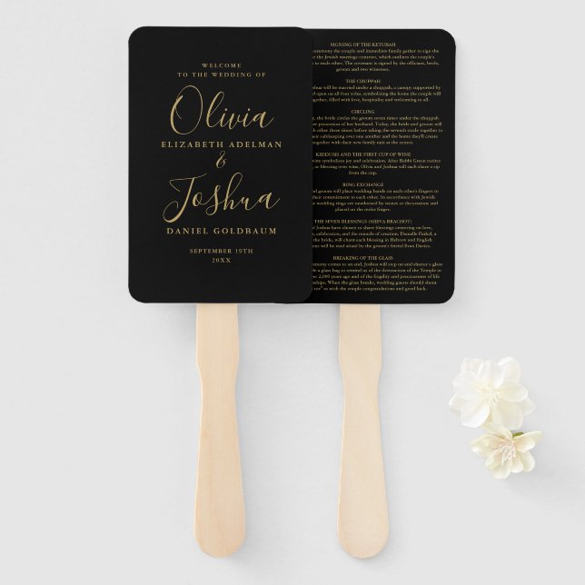 Black And Gold Signature Script Jewish Wedding Hand Fan (Front and Back)