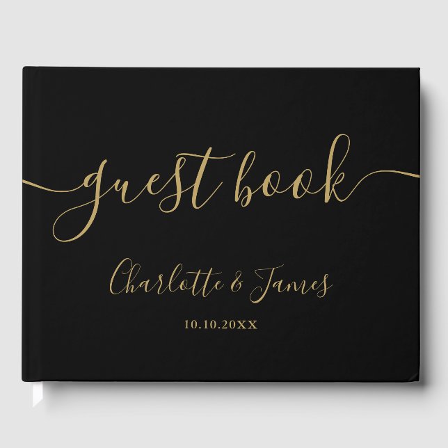 Black And Gold Signature Script Photo Wedding Guest Book (Front)