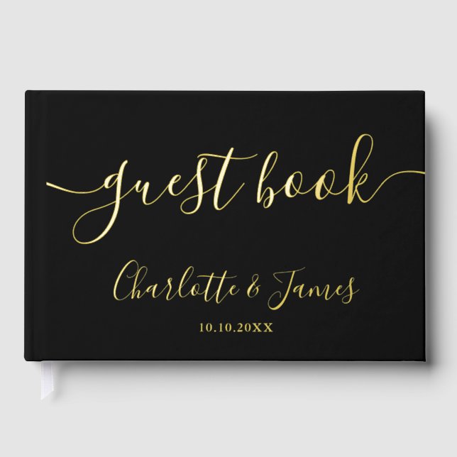 Black And Gold Signature Script Photo Wedding Guest Book (Front)